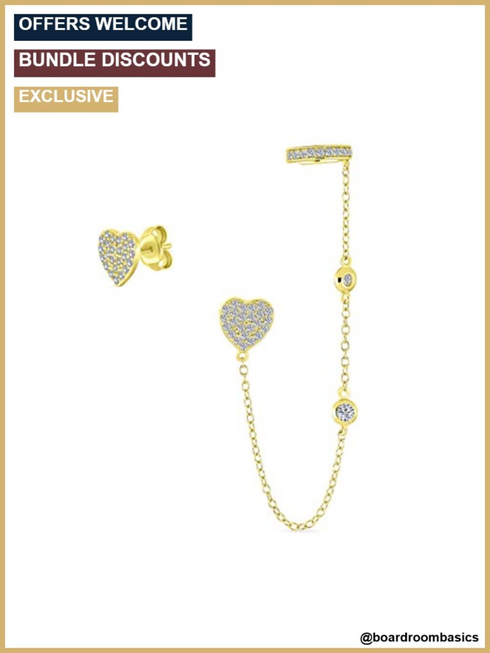 Gold Plated Sterling Silver CZ Heart Ear Cuff & Stud Earring Set